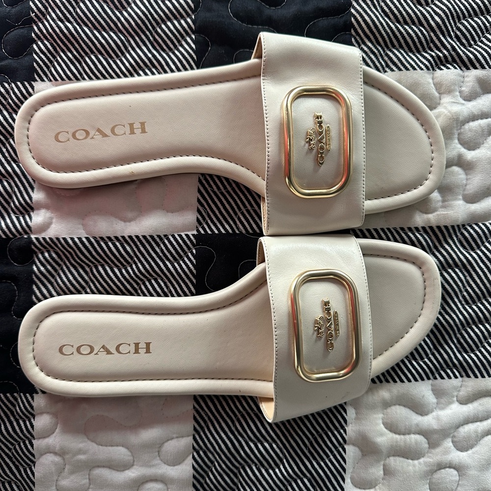 Coach Cream Slide Sandals with Metallic Accents
